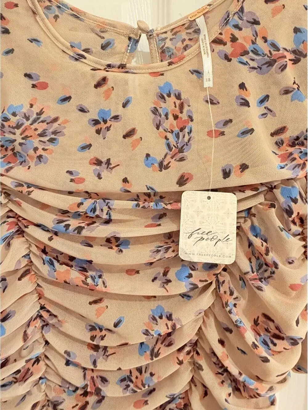 NEW! Free People Briella Ruched Midi Dress‎ Floral Tea Combo Puff Sleeve Size XS